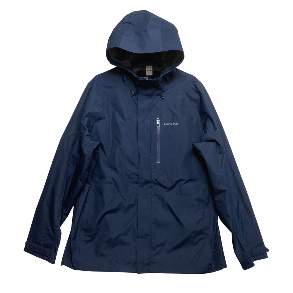 Lands End Rain Jacket Mens Large Navy Blue Hooded Full Zip Outdoor RN 62830